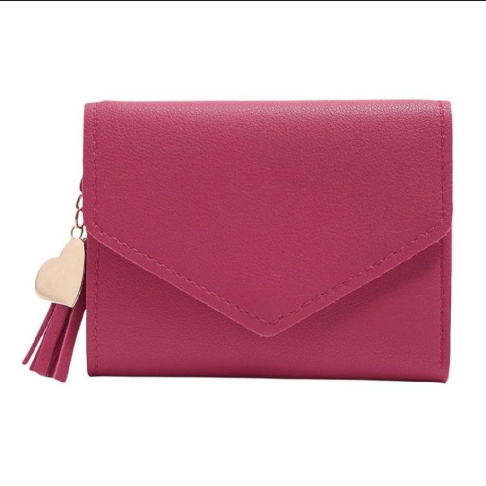 Tri-Fold Tassel Wallet Vegan Leather Barbie Pink Valentine's Day Heart